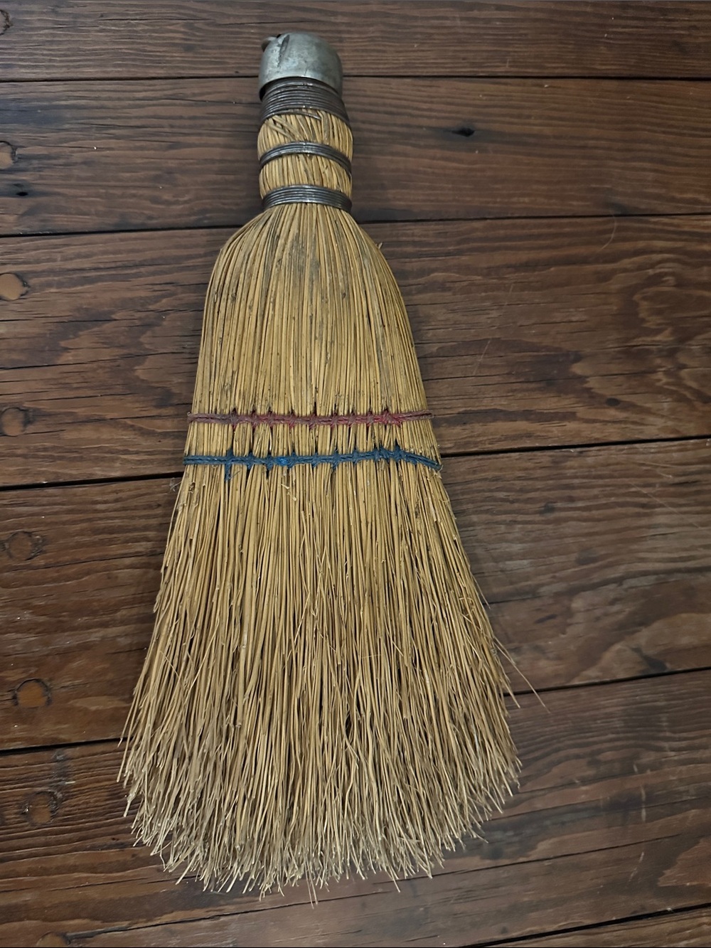 Natural Straw Hand Broom with Blue and Red Detail